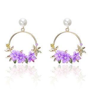 Purple Flower stud hoop earring